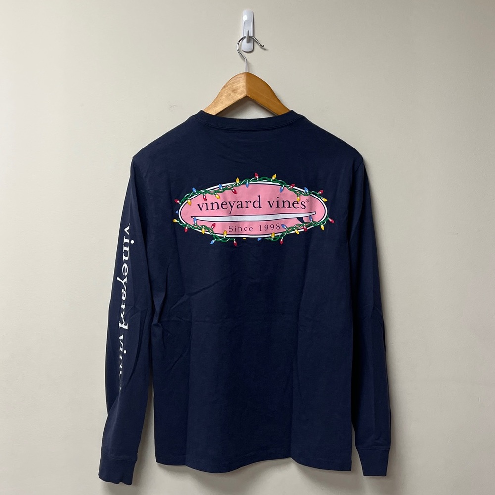 Vineyard Vines Shirt Mens XS Navy Christmas Lights Graphic Long Sleeve Pocket T